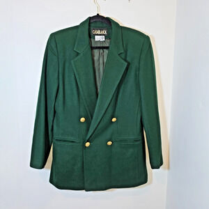 Vintage Gold Button 100% Wool Hunter Green Double Breasted Blazer Sz 8 M Preppy